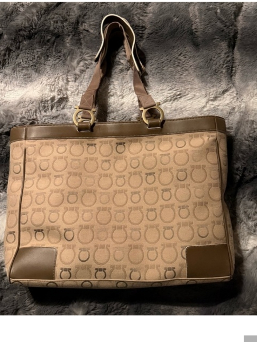 Salvatore Ferragamo Beige Logo Canvas Tote with Dark Brown Trim